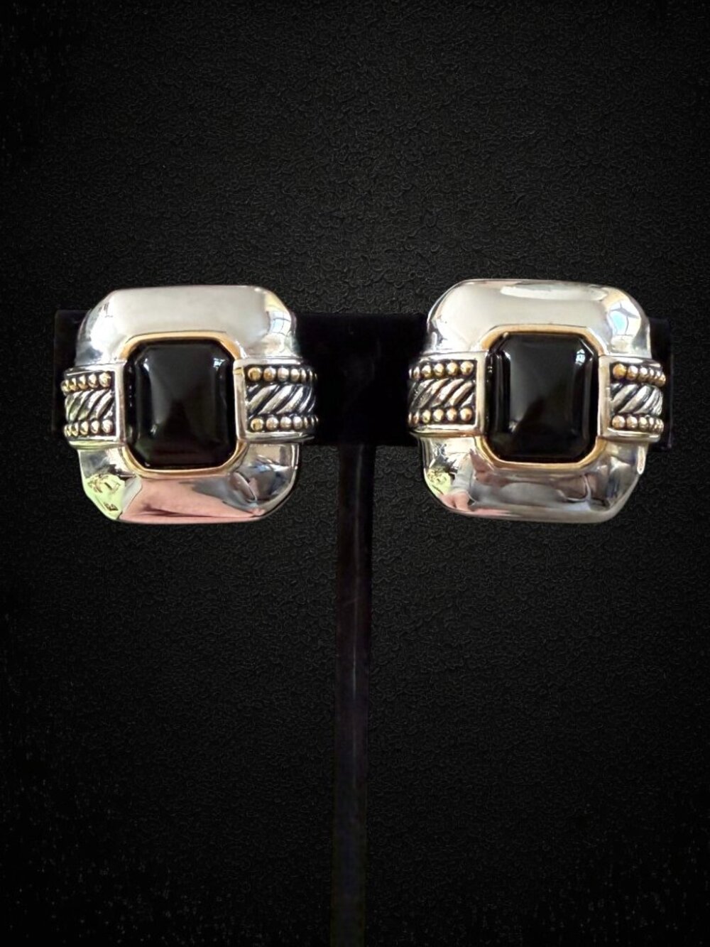 Vintage Black Cabochon Clip-On Earrings Silver Gold Tone Statement Geometric USA